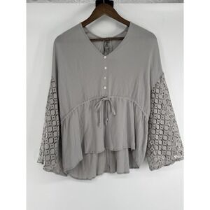 Light Gray Crochet Detail Bell Sleeve Blouse Boho Cottagecore Beachy S/M tie